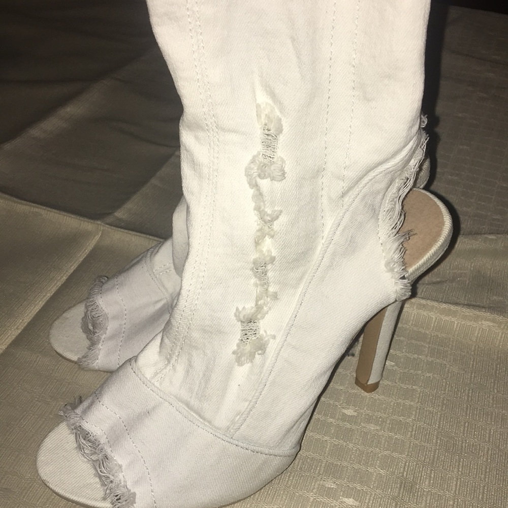 White denim open toe shoes